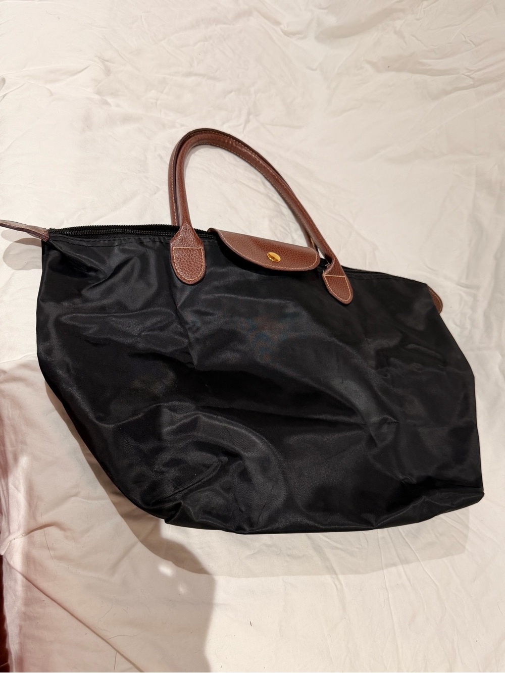 Black Foldable Tote Bag with Brown Handles - Casual Everyday Carry